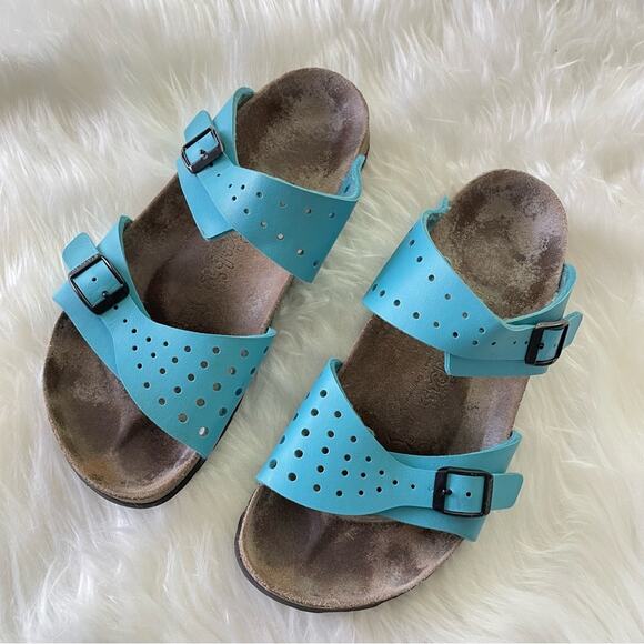 Birkis by Birkenstock | Women’s Freeport Sandal Blue Slip-On Leather Cork Narrow - Picture 1 of 9